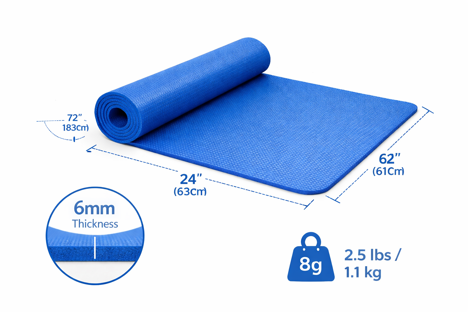 Non-Slip Yoga Mat – 6mm Exercise Fitness Mat Blue